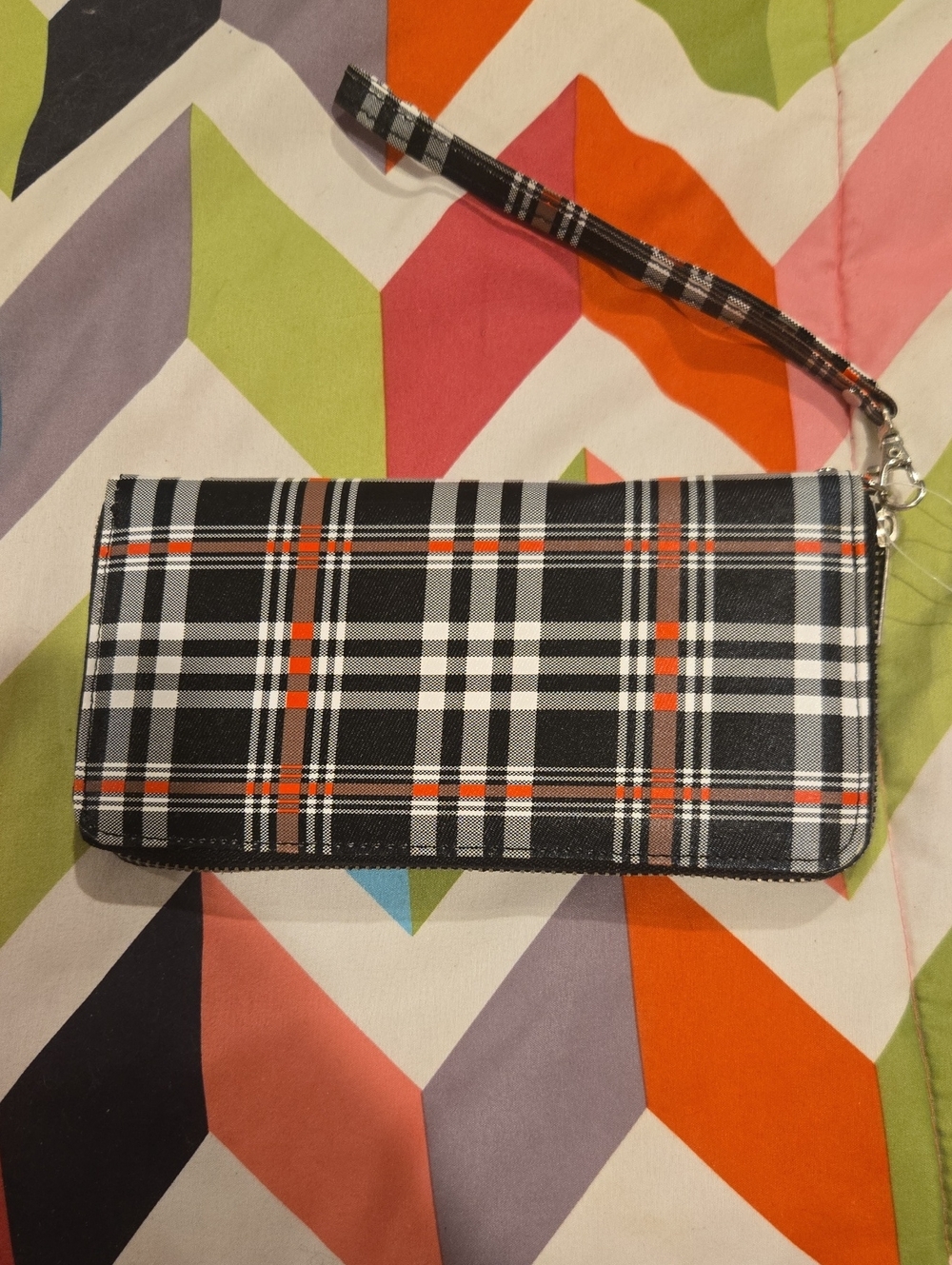 Black Plaid Wristlet Wallet with Orange Accent